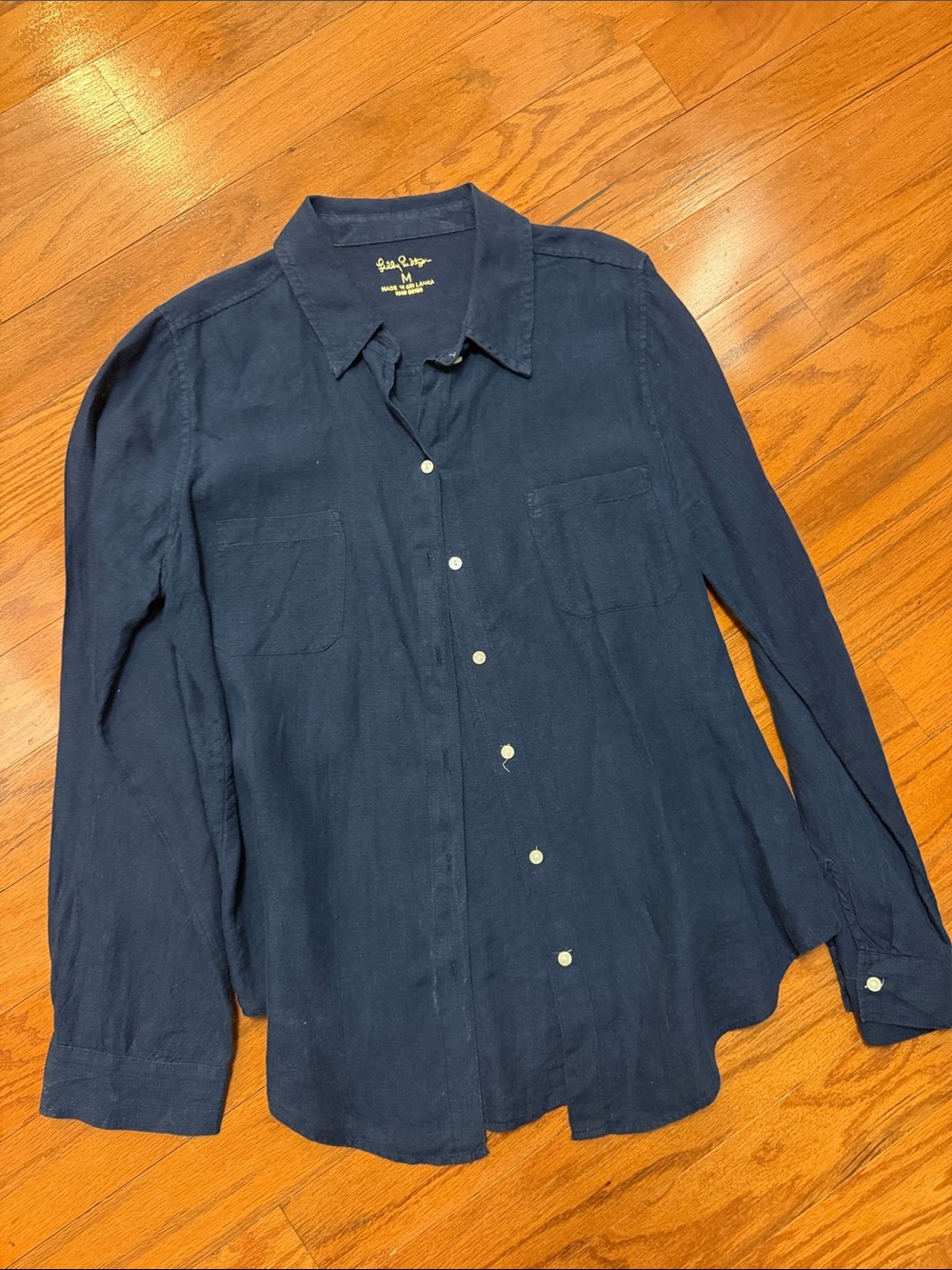 Lilly Pulitzer Navy Long-Sleeve Button Front Blouse